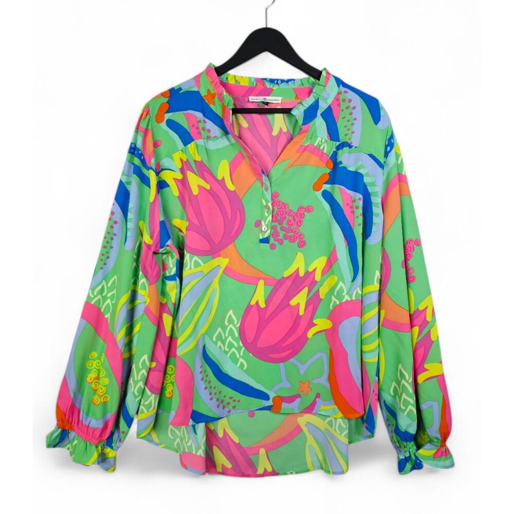 Michelle McDowell Colorful Floral Popover Puff Sleeve Top Sz L Green Office Bold